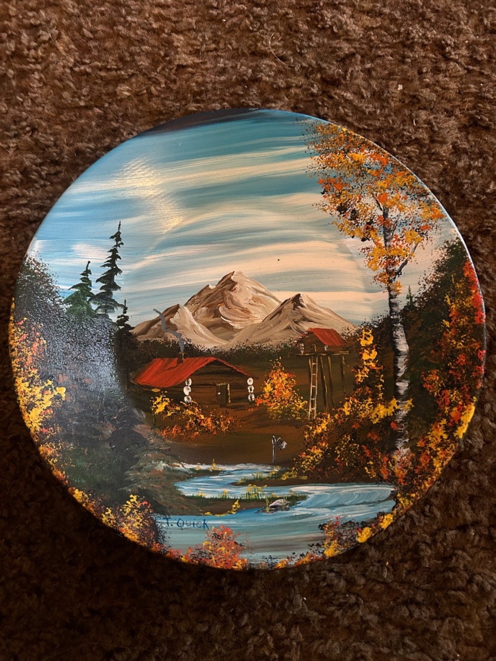 Vintage Large Gold Mining Pan Hand Painted Mountains and River Artist Signed